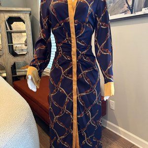 Elegant Navy and Gold Chain Print Dress
